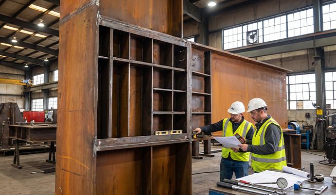 Contrôle d’une structure complexe en acier Corten pendant son assemblage en atelier