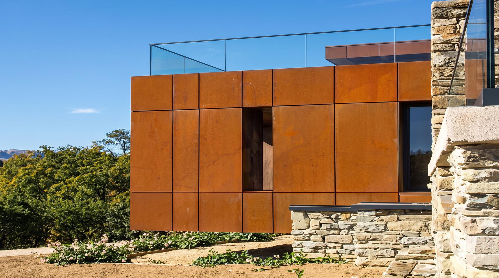 Bardage lisse en acier Corten sur façade contemporaine