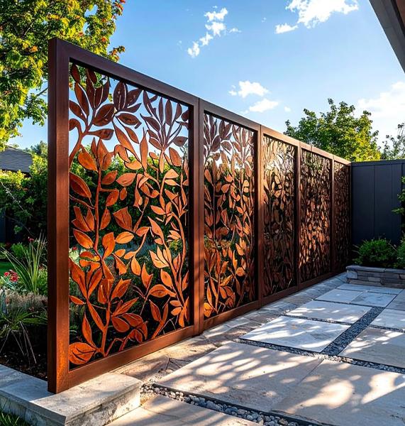 Claustra décoratif ajouré en acier Corten dans un jardin contemporain