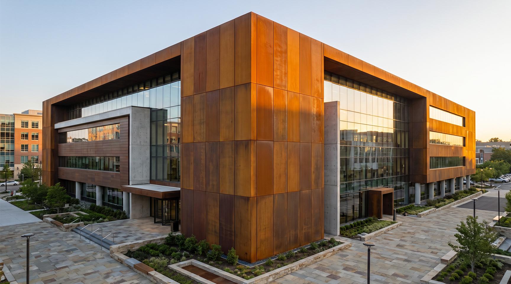 Façade et bardage en acier Corten sur un bâtiment contemporain
