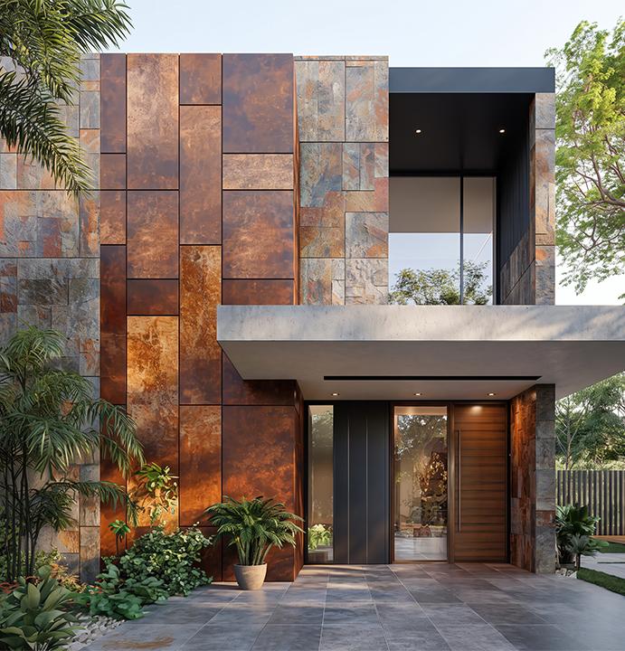 Façade de maison contemporaine en acier Corten et pierre