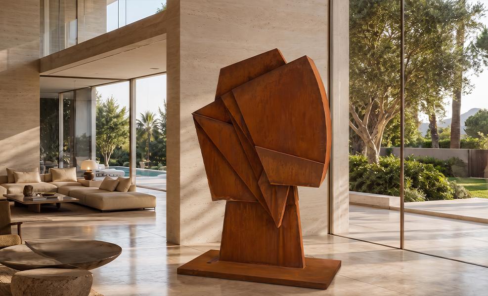 Sculpture abstraite géométrique en acier Corten dans un intérieur contemporain