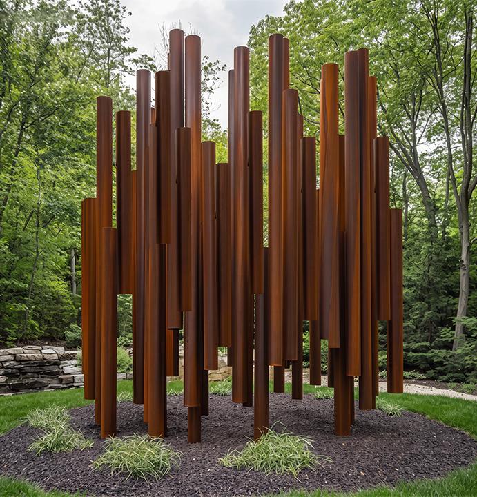 Sculpture monumentale composée de tubes verticaux en acier Corten dans un paysage arboré